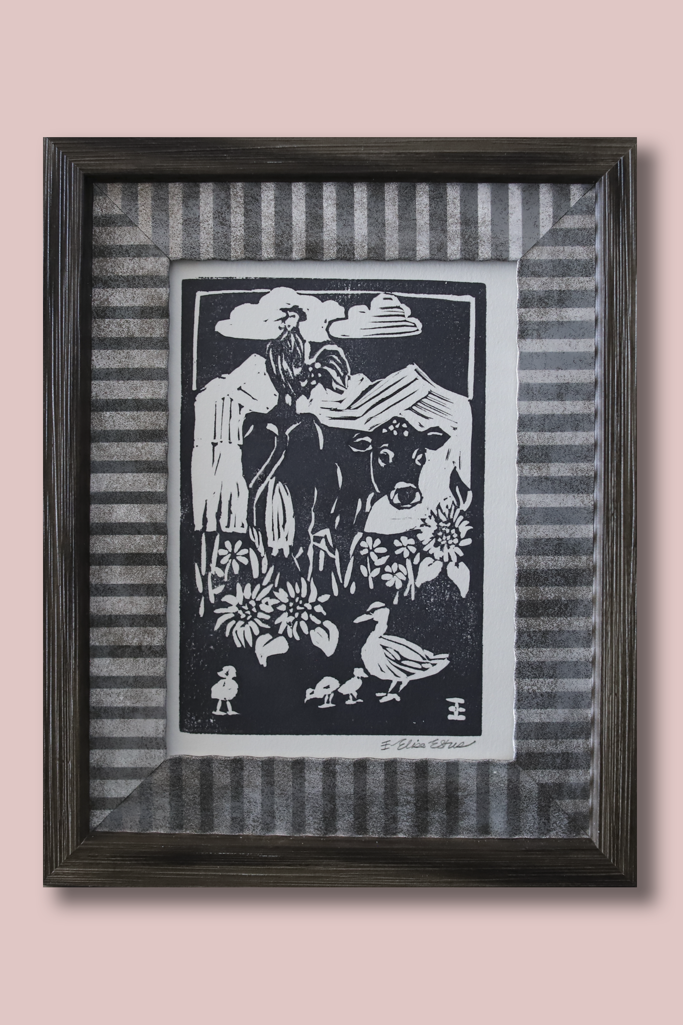 Hand-Carved Stamp Art Print Framed Cow - Rustic Farmhouse Décor