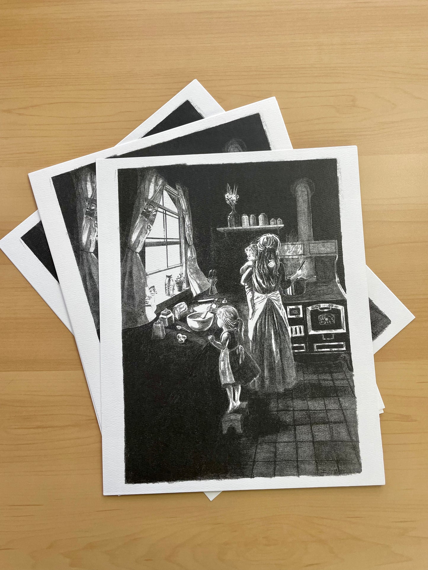 Art Print Cooking - Vintage Kitchen Family Scene Charcoal Drawing