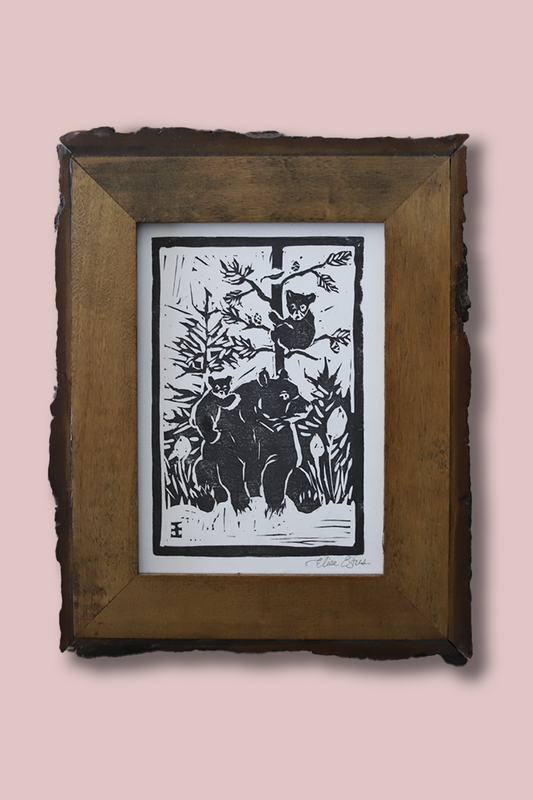 Hand Stamped Bear Print with Frame - Rustic Wildlife Art