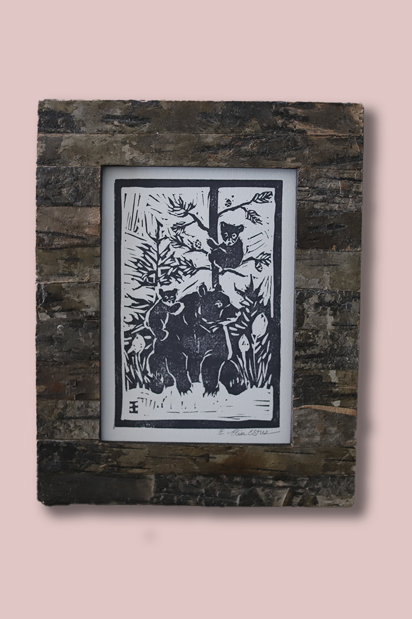 Hand Stamped Bear Print with Frame - Rustic Wildlife Art