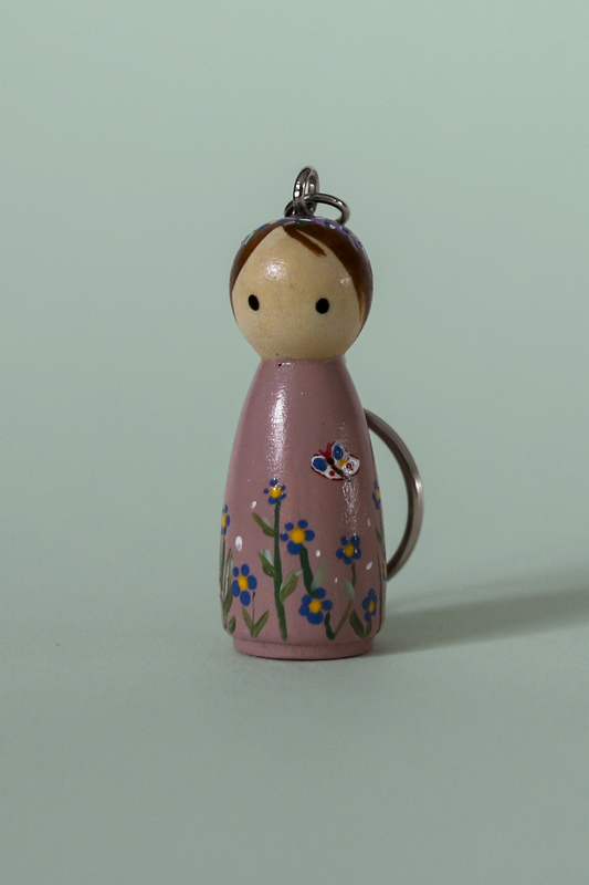 Garden Girl Key Chain Handpainted - Wooden Flower Keychain
